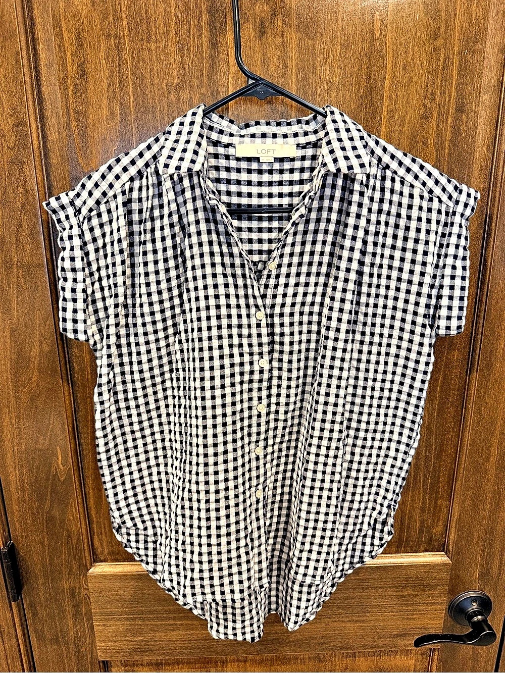 LOFT Gingham Button Down Blouse in Blue & White Size XS